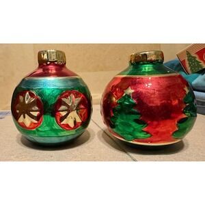 Living Quarters Christmas Ornament Salt Pepper Shakers Red Green Shiny Set